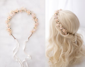 Couronne de fleurs séchées avec souffles de bébé et fleurs stabilisées en rose poudré. Coiffe de mariée, couronne de cheveux de fleurs, couronne de fée fleurs stabilisées