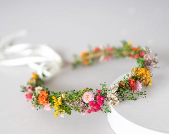 Colorful flower crown with dried flowers in orange, pink, yellow. Bridal flower hair wreath. Fairy crown, wedding headband. Meadow headpiece