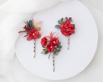 Bridal hair pins with red roses. Wedding headpiece, floral bobby pins, red hair pins with eucalyptus