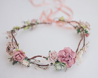 Corona de flores boho. Tocado nupcial, corona para el cabello, corona de hadas, accesorios para el cabello de boda. Diadema en rubor, rosa polvoriento y verde vintage