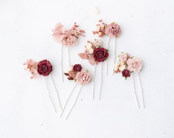 Épingles à cheveux bordeaux et rose poudré avec fleurs séchées. Bandeau de mariage, épingles à cheveux florales, épingles à cheveux de mariée avec hortensia et eucalyptus