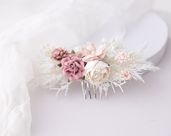 Bridal hair comb with dusty pink flowers, pampas grass. Boho wedding headpiece. Bridesmaid hair flowers, flower girl hair accessory