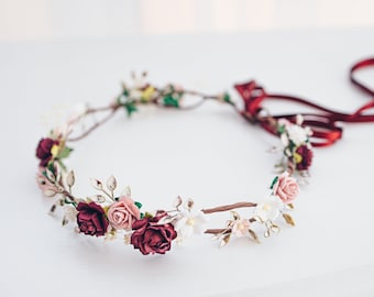 Corona di fiori Boho. Copricapo da sposa, ghirlanda di capelli, corona di fata, accessori per capelli da sposa. Cerchietto in cipria, bordeaux, rosso