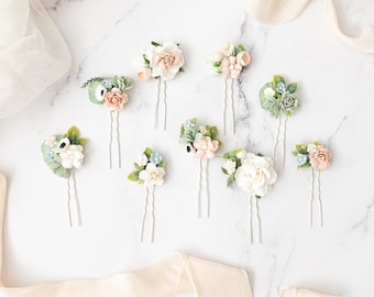 Bridal Hair Pins, Floral bobby pins, Hair pins with blush roses, forget-me-not flowers, anemones, eucalyptus leaves. Wedding Headpiece