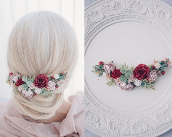 Hochzeit Haarschmuck mit Blumen und Schleierkraut in Rot, Malve und Puder pink. Oktoberfest Haarranke, Haarblüten Braut und Brautjungfern