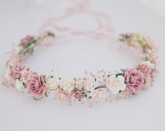 Flower Crown Baby&#39;s Breath, Bridal headpiece, Hair Wreath, Fairy Crown,Wedding Hair Accessories Headband in dusty pink, mauve, rose, blush
