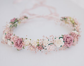 Aliento del bebé de la corona de flores, tocado nupcial, corona de pelo, corona de hadas, diadema de accesorios para el cabello de la boda en rosa polvoriento, malva, rosa, rubor