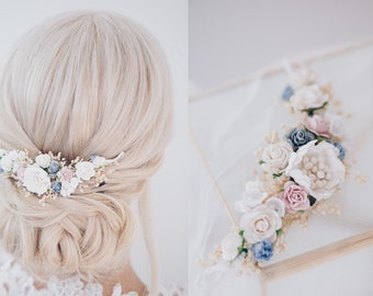 Hochzeit Haarschmuck mit Blumen und Schleierkraut in Elfenbein und Blau. Oktoberfest Haarranke, Haarblüten Braut und Brautjungfern