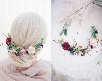 Cheveux de mariée Vigne avec fleurs, souffle de bébé séché, casque de mariage vintage Inspired Hair piece en rouge, blush, rose poussiéreux