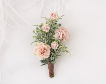 Boutonniere for the groom. Blush pink buttonhole. Corsage for groomsman and best man, flower boutonniere, groom accessories