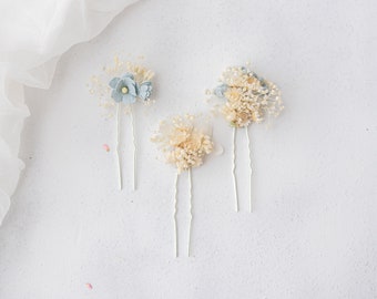 Dusty blue bridal hair pins with dried baby's breath & preserved flowers. Wedding headpiece, floral bobby pins, hair pins with real flowers