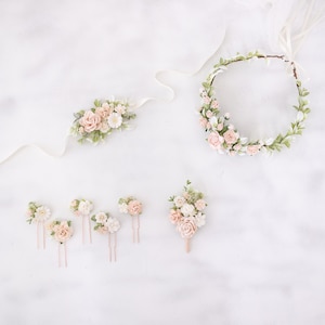 Flower crown, hair pins and buttonhole in blush pink. Floral wedding accessories. Bridal headpiece, bridsmaid wrist corsage, boutonniere