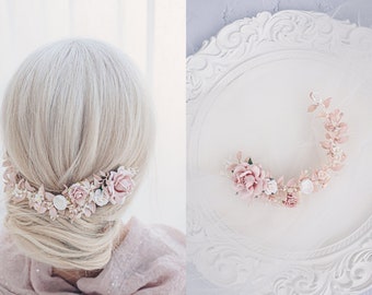Bridal Hair Vine with blush roses, dried baby's breath,ruskus leaves. Boho Rustic wedding Headpiece blush pink. Vintage inspired crown