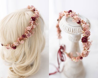 Dried flower crown with baby's breath and hydrangea. Blush pink, burgundy and dusty pink bridal headpiece, wedding hair wreath, fairy crown