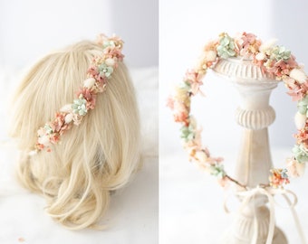 Trockenblumen Haarkranz. Braut Blumenkranz mit Schleierkraut und Hortensien. Boho Hochzeit Blumenkrone, Blumen Haarschmuck, Rosa Kopfschmuck