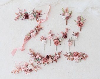 Flower crown, hair pins, hair combs and boutonniere in dusty pink and blush. Dried flowers wedding accessories. Boho bridal headpiece