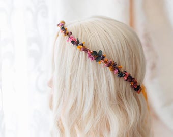 Romantic flower crown with baby's breath, dried flowers and eucalyptus. Colorful bridal flower hair wreath, fairy crown, meadow headpiece