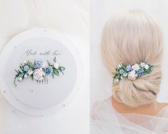 Peigne de mariée avec fleurs bleues et blanches, feuilles d'eucalyptus, coiffe de mariage bohème. Fleurs pour cheveux de demoiselle d'honneur, accessoire pour cheveux de demoiselle d'honneur