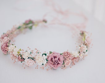 Flower Crown Baby's Breath, Bruidshoofddeksel, Haarkrans, Fairy Crown, Bruiloft Haaraccessoires Hoofdband in stoffig roze, mauve, roos, blozen