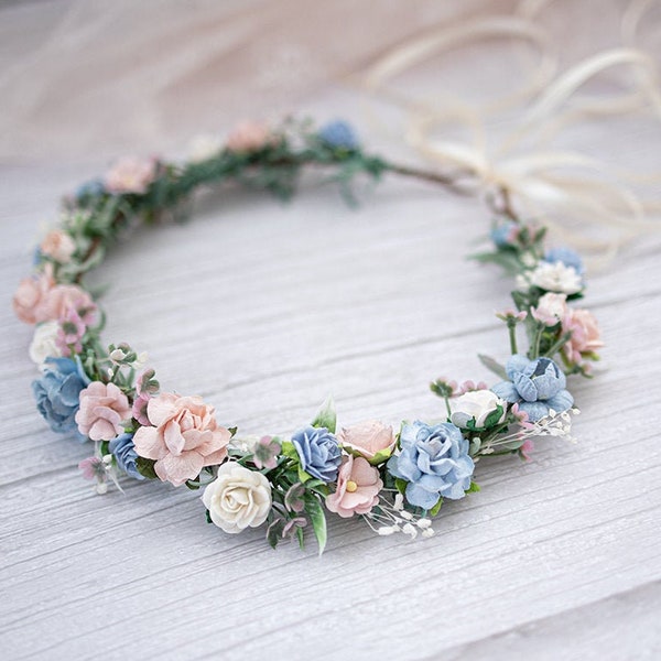 Bruidsbloemkroon, rustiek en boho sprookjeshoofddeksel, eucalyptus, gypsophila haarkrans, haarbloemen, foto-opnamenhoofdband, stoffig blauw