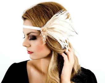 1920s Vintage inspired headpiece with Feathers. Art deco Headband. Bohemian hair piece. Great Gatsby flapper. Bohemian look