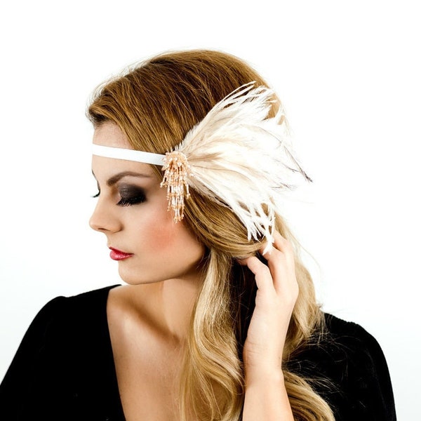 1920s Vintage inspired headpiece with Feathers. Art deco Headband. Bohemian hair piece. Great Gatsby flapper. Bohemian look