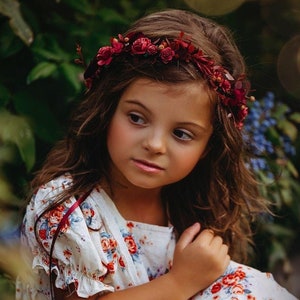 Red flower crown with roses and dried flowers. Bridal flower hair wreath, fairy crown, wedding headband,  meadow headpiece in burnt red