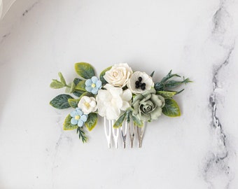 Bridal hair comb - roses, forget-me-not flowers, anemones, eucalyptus leaves. Boho Rustic wedding headpiece. Bridesmaid hair flowers