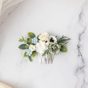 Bridal hair comb roses, forget-me-not flowers, anemones, eucalyptus leaves. Boho Rustic wedding headpiece. Bridesmaid hair flowers image 1