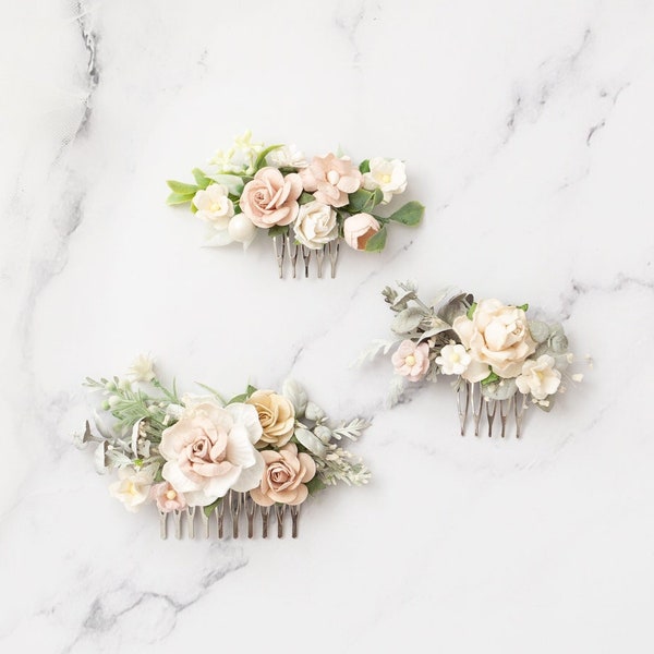 Bridal Hair Comb with flowers and dried baby's breath, Boho Wedding Headpiece Bridesmaid Hair Flowers, roses,eucalyptus, cream, champagner