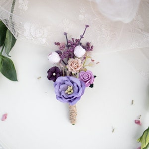 Boutonniere for the groom Boho and Rustic Wedding. Flower Brooch  with eucalyptus leaves, ruskus, foliage, roses and wild flowers
