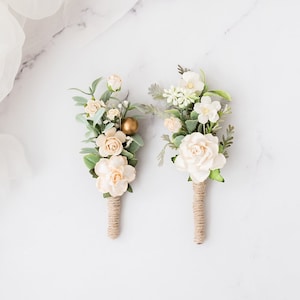 Boutonniere for the groom Boho and Rustic Wedding. Flower Brooch  with eucalyptus leaves, ruskus, foliage, roses and wild flowers