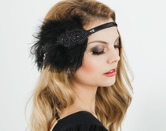 1920s Vintage inspired headpiece with Feathers. Art deco Headband. Bohemian hair piece. Great Gatsby flapper. Bohemian look