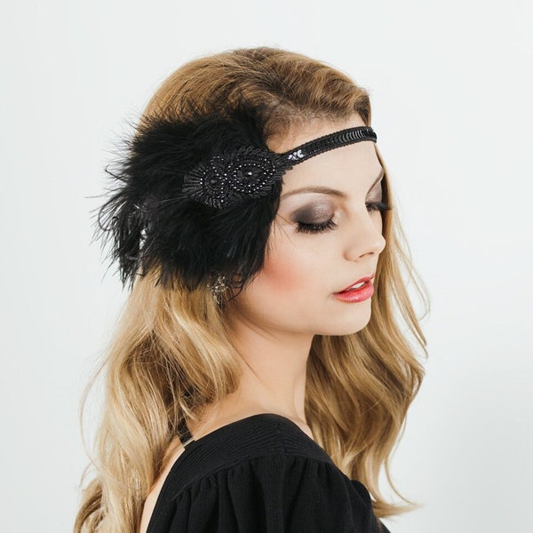 1920s Vintage inspired headpiece with Feathers. Art deco Headband. Bohemian hair piece. Great Gatsby flapper. Bohemian look