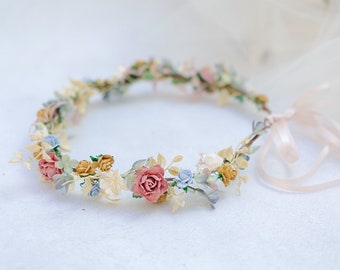 Flower crown, flower girl headpiece, wedding hair wreath, fairy crown dusty pink, mauve, baby blue, cream, mustard, rustic flower crown