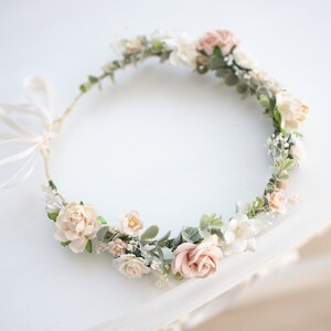 Bridal Flower Crown light pink, champagne, ivory, blush. Wedding Headpiece Boho Rustic Hair Wreath with Baby's breath, eucalyptus leaves image 7