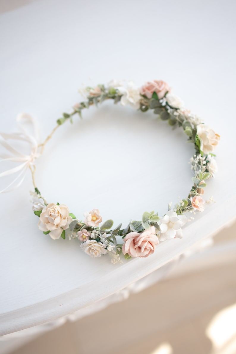 Bridal Flower Crown light pink, champagne, ivory, blush. Wedding Headpiece Boho Rustic Hair Wreath with Baby's breath, eucalyptus leaves image 7