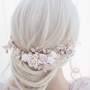 Bridal Hair Vine with blush roses, dried baby's breath,ruskus leaves. Boho Rustic wedding Headpiece pink and Ivory. Vintage inspired crown image 4
