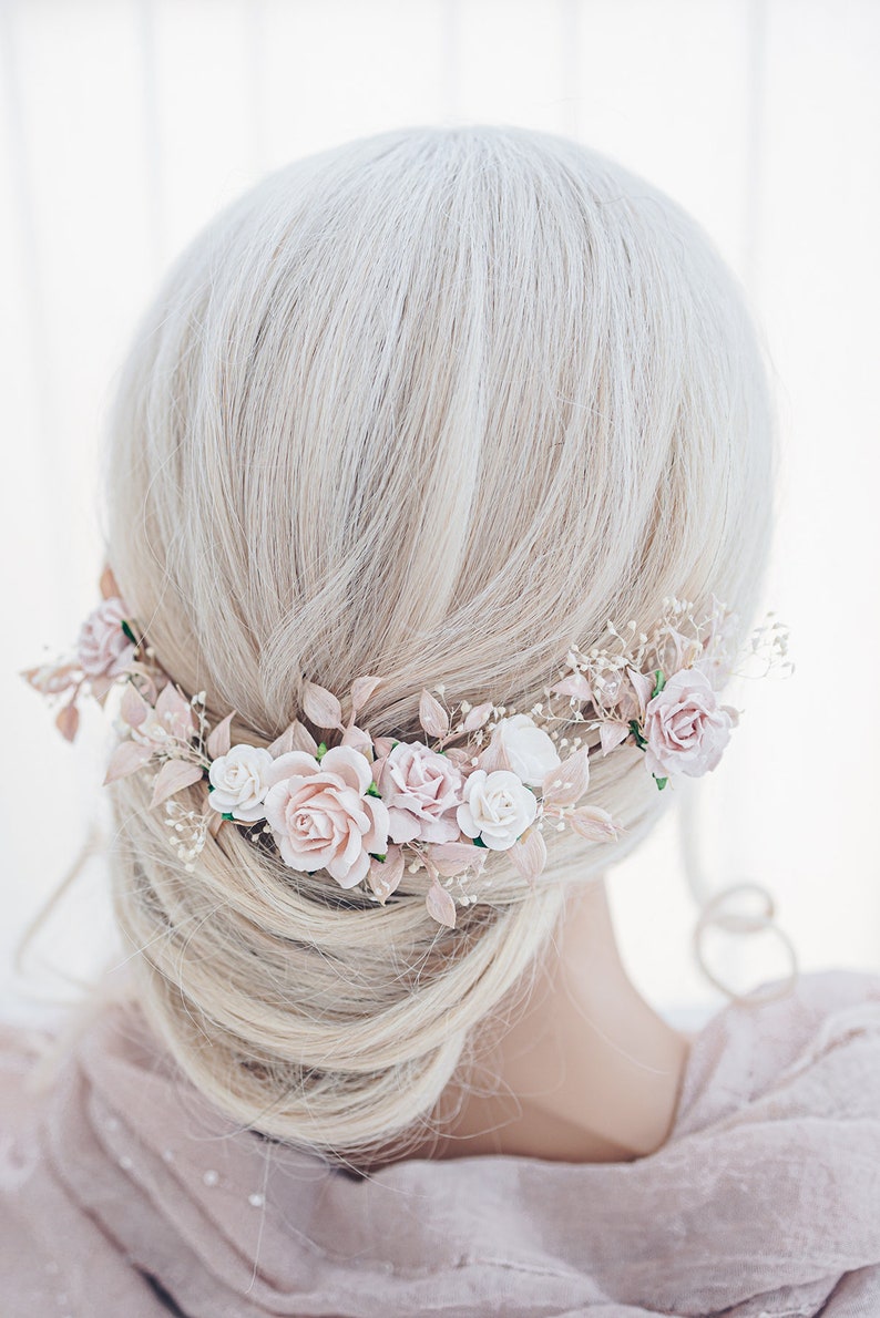 Bridal Hair Vine with blush roses, dried baby's breath,ruskus leaves. Boho Rustic wedding Headpiece pink and Ivory. Vintage inspired crown image 4