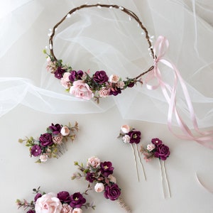 Peigne à cheveux de mariée avec fleurs et feuilles d'eucalyptus Coiffe de mariage boho et rustique Marsala Red and Blush Hairpiece Peigne midi de demoiselle d'honneur image 3