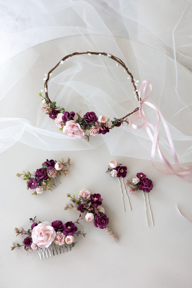 Peigne à cheveux de mariée avec fleurs et feuilles d'eucalyptus Coiffe de mariage boho et rustique Marsala Red and Blush Hairpiece Peigne midi de demoiselle d'honneur image 3