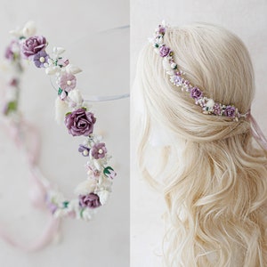 Dusty violet and purple flower crown, hair wreath for brides, bridesmaids and flower girls. Romantic wedding floral crown with dried flowers