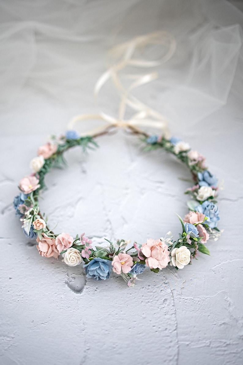 Bridal Flower Crown, rustic and boho fairy headpiece, eucalyptus, gypsophila hair wreath, Hair Flowers, Photo Shooting headband, dusty blue image 3