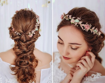 Couronne de fleurs de mariée - rose poussiéreux, blush, fleurs mauves, ruscus, roses et verts. Couronne de cheveux rustique de mariage et de fête Boho