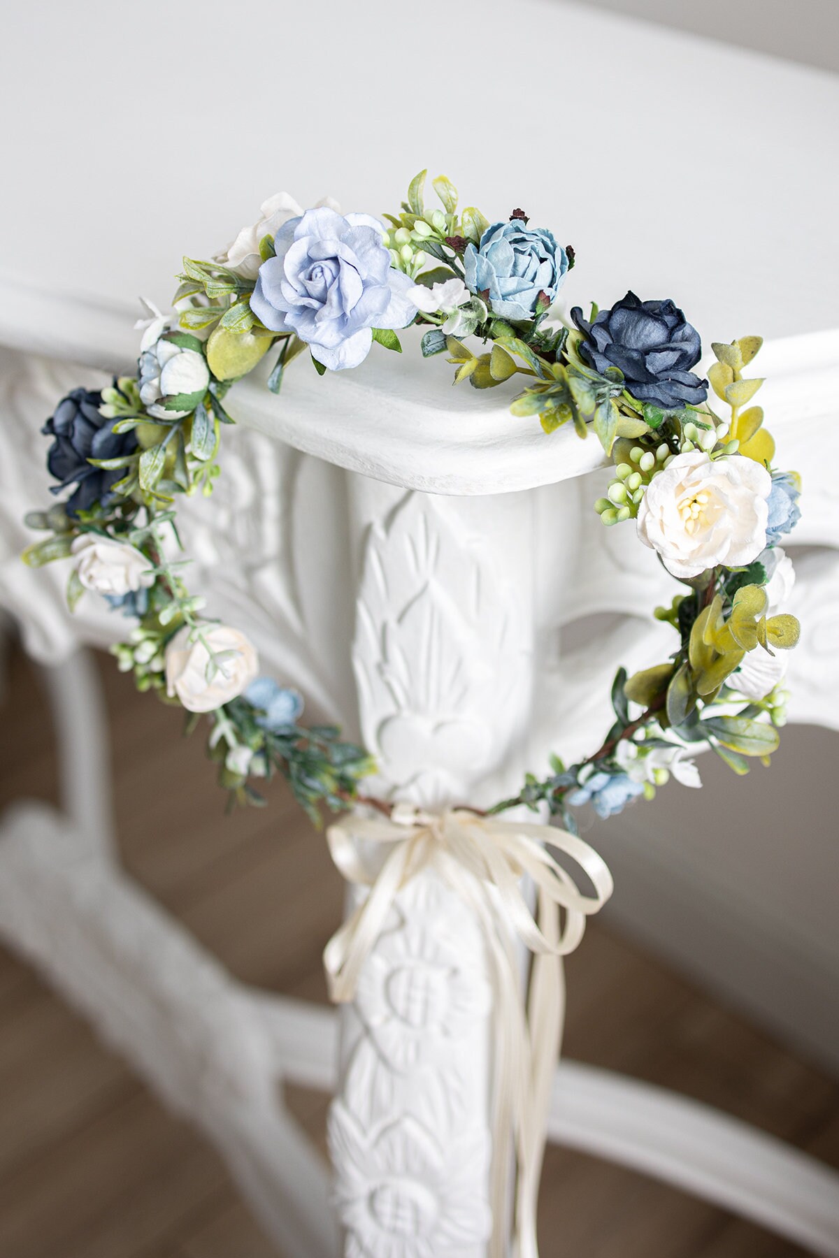 Corona di fiori secchi rosa e blu: accessorio per foto del primo compleanno in stile boho, damigella d'onore - Italia
