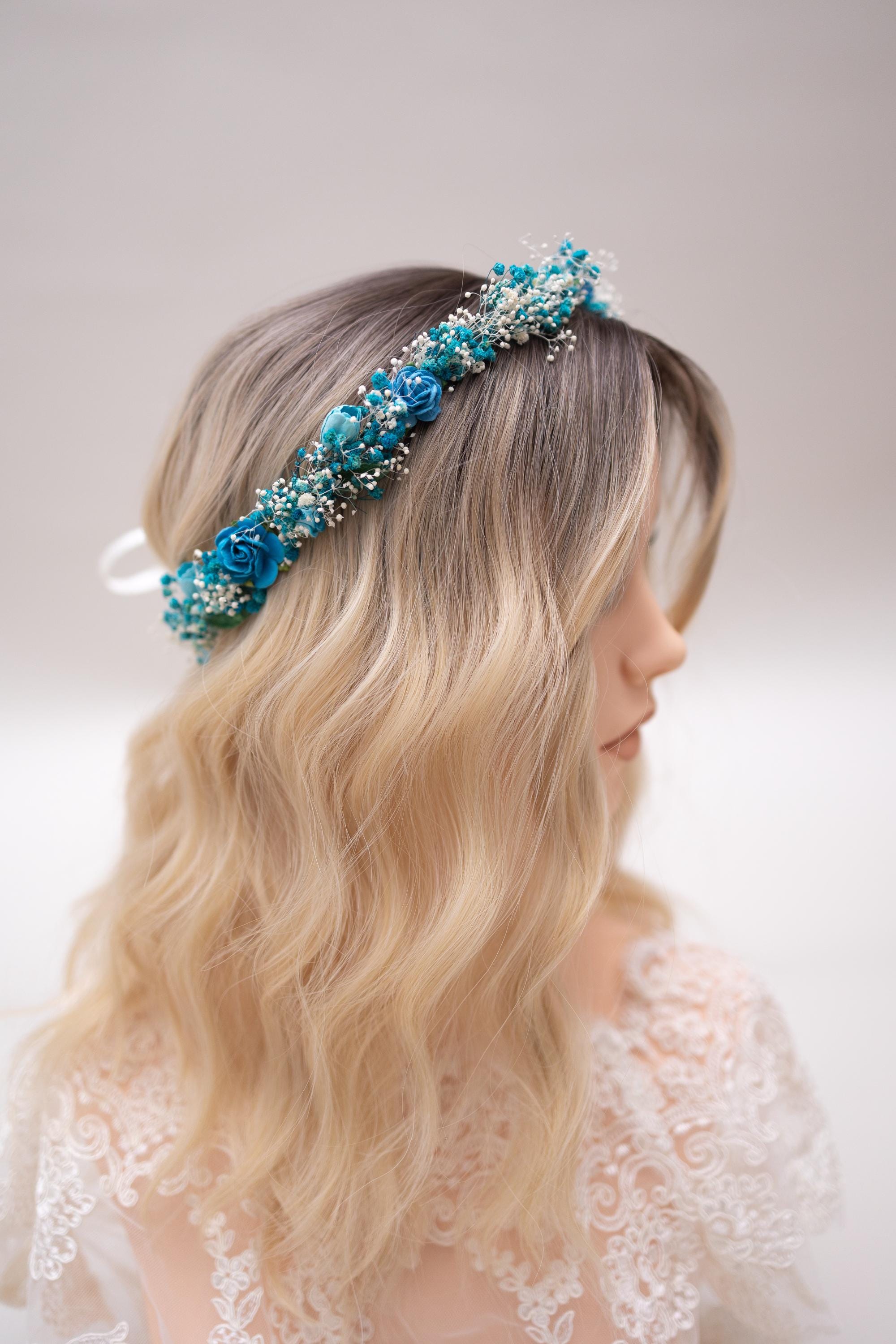 Blumenkranz-Kopfschmuck Aus Satin – Blau, Ca. 19 Cm, Für Braut, Festival, Cosplay, Haarschmuck