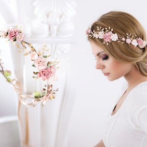 Boho flower crown. Bridal headpiece, hair Wreath, fairy crown, wedding hair accessories. Headband in blush, dusty pink, gold