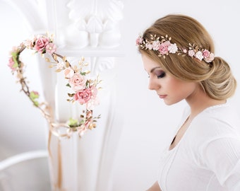 Boho flower crown. Bridal headpiece, hair Wreath, fairy crown, wedding hair accessories. Headband in blush, dusty pink, gold