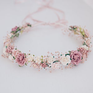 Aliento del bebé de la corona de flores, tocado nupcial, corona de pelo, corona de hadas, diadema de accesorios para el cabello de la boda en rosa polvoriento, malva, rosa, rubor imagen 4