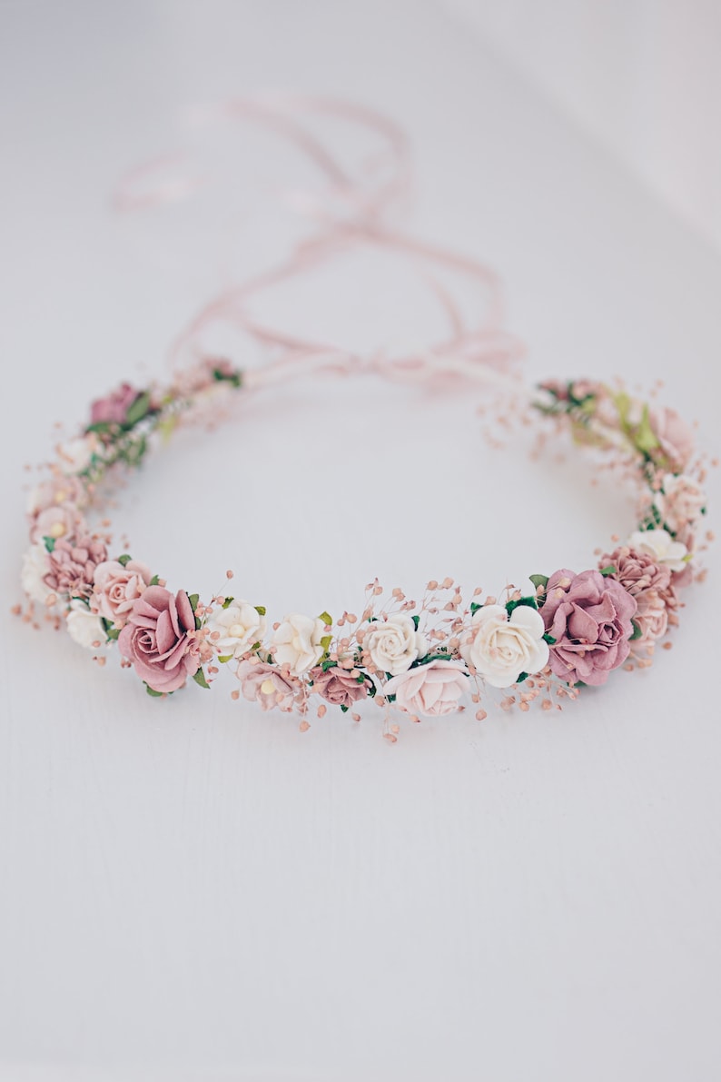 Corona di fiori Respiro del bambino, copricapo da sposa, ghirlanda di capelli, corona di fata, accessori per capelli da sposa Fascia in rosa polveroso, malva, rosa, cipria immagine 4